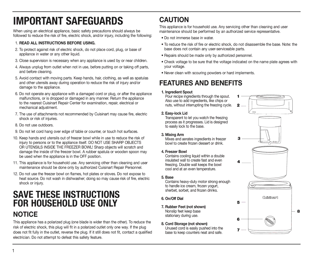 Cuisinart ICE-30BC manual FEATURES AND Benefits 